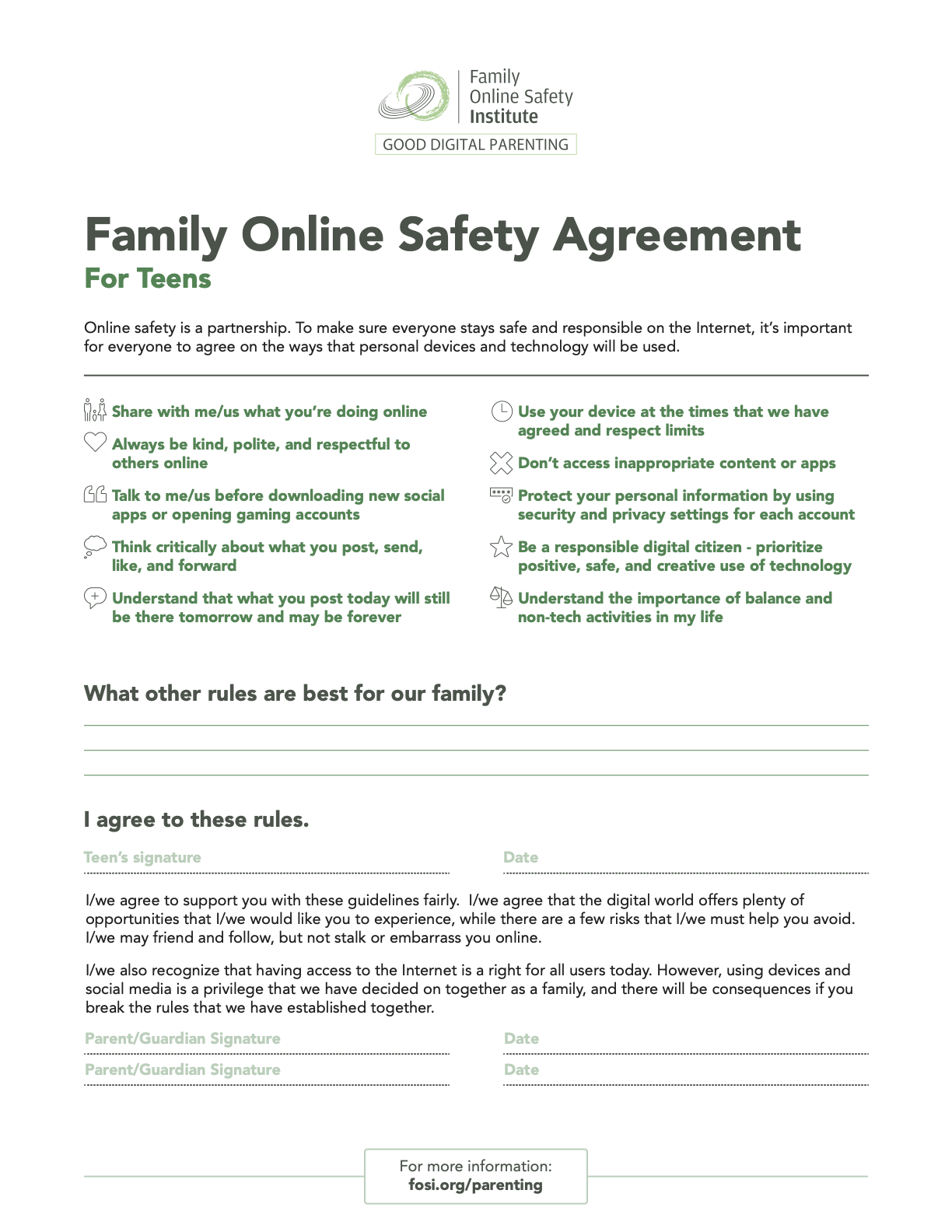 FOSI Family Online Safety Agreement For Teens